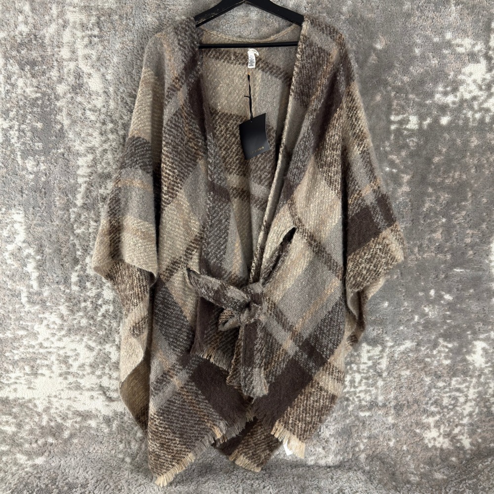 New Max Studio Size OS Plaid Belted Fringed Wrap Poncho Brown Short Sleeve Women